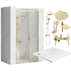Drzwi Prysznicowe 90 cm Złote Rea Fold + Brodzik + Zestaw Natryskowy Luis