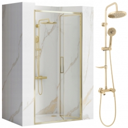 Drzwi Prysznicowe 90 cm Złote Rea Fold + Zestaw Natryskowy Luis